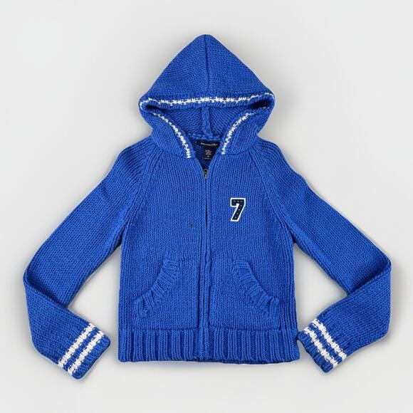 Vintage Abercrombie & Fitch Y2K Women’s Wool Blend Knit Zip Up Hoodie M Blue - Picture 1 of 11